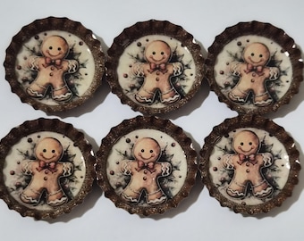 6 Primitive Brown Bottle Caps Charms Christmas Gingerbread Man Mini Tree Ornaments Necklaces Party Favors Mini Tree Ornies Gift Ties