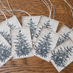 9 Primitive Vintage Farmhouse Christmas Tree Winter Junk Journal Ephemera Hang Tags Tablescapes Accents Ornaments w/Eyelets Scrapbook Decor