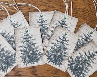 9 Primitive Vintage Farmhouse Christmas Tree Winter Junk Journal Ephemera Hang Tags Tablescapes Accents Ornaments w/Eyelets Scrapbook Decor