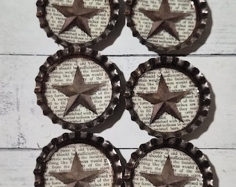 Set of 6 Rustic Bronze Barn Star Bottle Cap or Charms, Primitive Americana Style