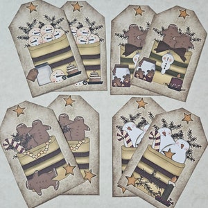 8 Whimsical Primitive Gingerbread Snowman Christmas Card Stock Hang Tags Gift Ties Tree Ornaments Ornies Scrapbooking Party Décor Goodie Bag