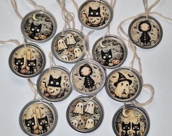 Fall Seasonal Halloween Hang Tags: Metal Rimmed Gift Ties, Ornaments (Set of 12)