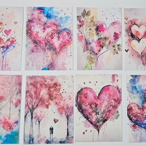 8 Primitive Bauernhaus Valentine Herz Tags Geschenk Krawatten Baum Ornamente DIY Valentinsgrüße Tischlandschaften LOVE Pastells Aquarell ~ Stil #1