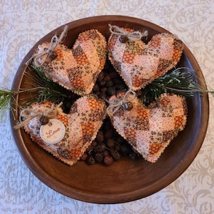 1, 2, 3 or 4 Primitive Country Grungy Farmhouse Brown Faux Patchwork Heart Valentine LOVE Ornie Ornaments Tucks Bowl Fillers Tiered Tray