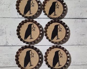 6 Primitive CROW Black Bird 1 1/4 inch Bronze Bottle Caps or Charms