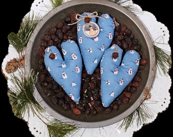 Choice of 2 or 3 Farmhouse Blue Heart Whimsical Snowman Christmas Winter LOVE HEARTS Ornies Ornaments Tucks Bowl Fillers Tiered Tray Décor