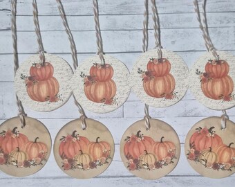 8 Primitive Pumpkin Hang Tags: Rustic Farmhouse Halloween Ornaments ~ 2.25 Diameter