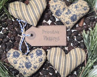 Primitive Farmhouse Blue Miniature Hearts: Set of 4