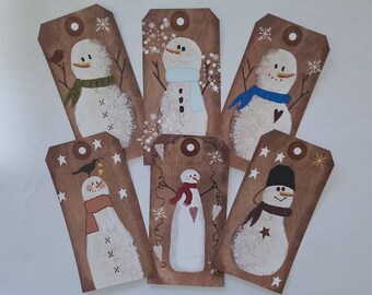 Primitive~Christmas~Snowman~Winter~Folk Art~Linen Cardstock~Gift~Hang~Tags 
