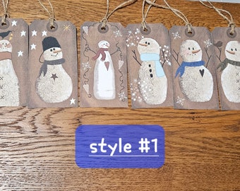 2 Different Styles of 6 Primitive Snowman Christmas Holiday Hang Tags Gift Ties Tree Ornaments Ornies Winter Decor Cookie Exchange Goody Bag