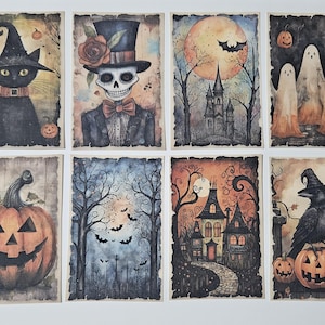May include: Set of eight Halloween-themed art prints. Each print features watercolor illustrations of spooky characters and scenes, including a black cat, skeleton, haunted house, ghosts, and jack-o'-lanterns. The prints have a vintage, distressed look.