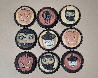 Halloween Bottle Cap Charms: Primitive Fall Ornaments, Party Favors (Set of 9, 1.25 Inch )