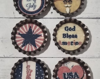 Set of 6 Rustic Bronze Bottle Cap Charms, Primitive Americana July 4