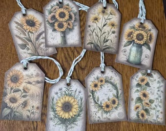 Floral Sunflower Hang Tags: Farmhouse Gift Ties, Summer Decor (Set of 8)