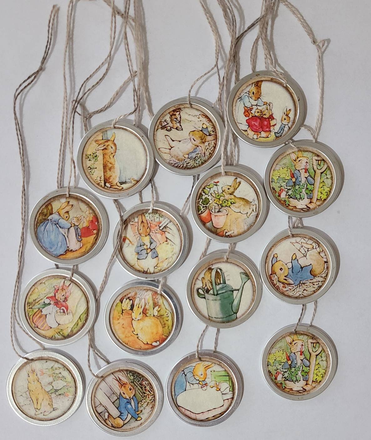 10 Assorted Primitive Beatrix Potter Easter Bunny Metal Rim Hang Tags  Ornies 