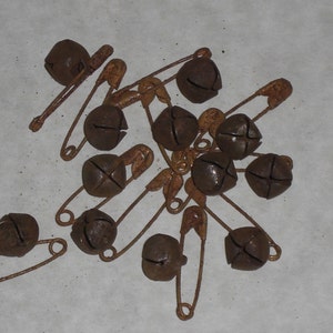 12 Primitive Safety Pins and 12 Rusty Jingle Bells 10mm 13mm or 18mm Supplies for Crafting Scrapbooking Ornies Dollies and More image 5