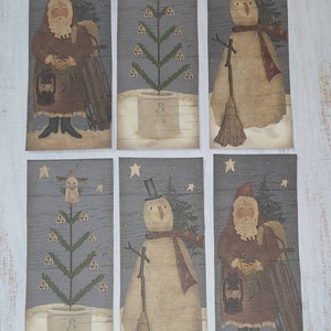 6 Primitive Farmhouse Folk Art Santa Claus Snowman Angel Christmas Holiday Hang Tags Gift Ties Vendor Tags Ornies Decoration image 5