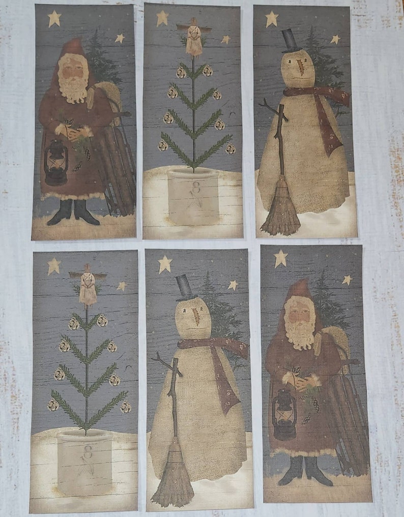 6 Primitive Farmhouse Folk Art Santa Claus Snowman Angel Christmas Holiday Hang Tags Gift Ties Vendor Tags Ornies Decoration image 5