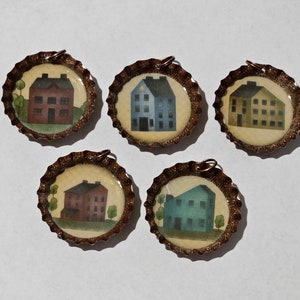 5 Salt Box House Farmhouse Primitive Faux Burlap or Bronze Bottle Cap Charms Miniature Tree Ornaments Jewelry Party Favors Twig Tree