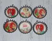 6 Assorted Primitive Nostalgic Valentine's February 14 Hearts Cupid Love Birds 1 1/4 Inch Bottle Cap Charms Party Decor Favors Necklace