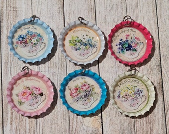 6  Floral Tea Time Tea Cups Spring Mothers Day Pastel Bottle Cap Charms Mini Tree Ornies Ornaments Jewelry Party Favors Twig Feather Trees