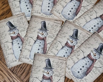 9 Primitive Vintage Farmhouse Christmas Winter Snowman  Junk Journal Ephemera Hang Tags Tablescapes Accents Ornaments Scrapbook Decor