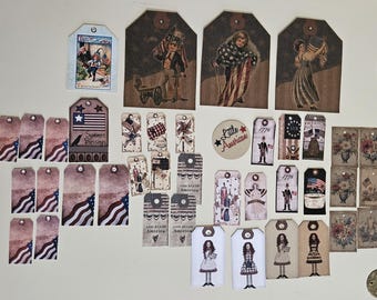 40 Assorted Primitive Americana July 4 Hang Tags - Ornaments Party Table Décor Accents Gift Tags Scrapbooking Journals
