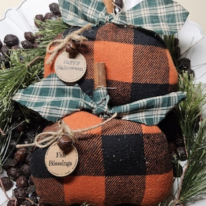Primitive Farmhouse Pumpkin Ornaments: Flannel Fall Decor with Cinnamon Stick