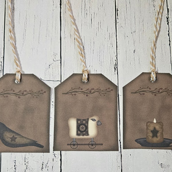 Set of 9 Primitive Farmhouse Country Sheep Candle Crow Star Pip Berries Hang Tags Gift Ties Party Accents Home Décor Tree Ornaments