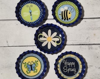 Whimsical Spring Bee Butterfly Flower Blue Bottle Caps & Charms: Set of 5