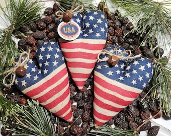 Americana Heart Bowl Fillers: Primitive Patriotic Ornaments, Choice of 1 or 3