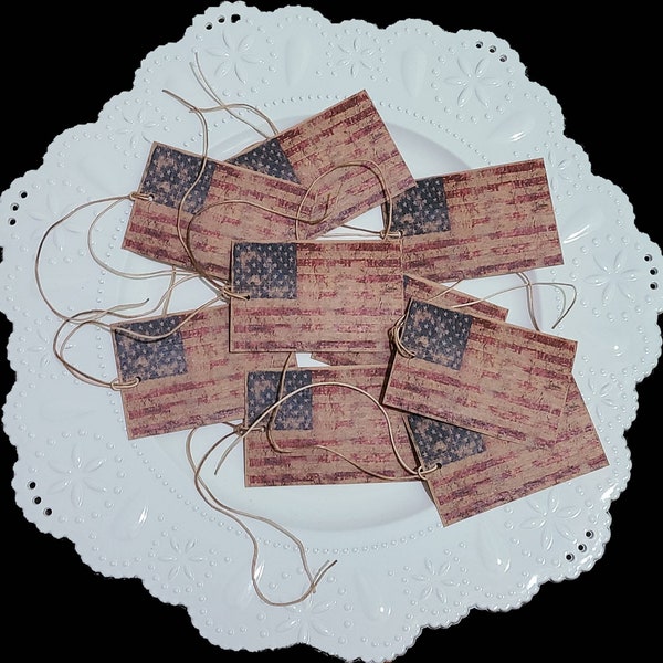 Set of 9 Americana Country Primitive Patriotic Red White Blue USA July 4th Flag Rustic Hang Tags Gift Ties Scrapbooking Ornies Price Tags