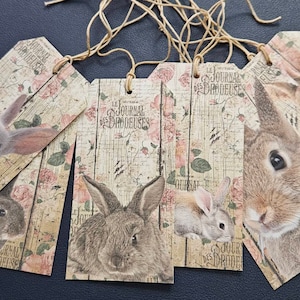 8 Lapin de Pâques de ferme shabby chic avec roses Belles étiquettes volantes Cravates-cadeaux Ornements d'arbre Ornies Scrapbooking Fête Décoration de printemps