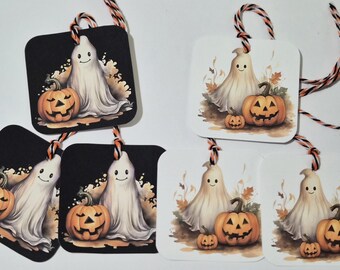 6 Primitive Hang Tags Gift Ties - Halloween Fall Pumpkin - Ghost & Jack O Lantern