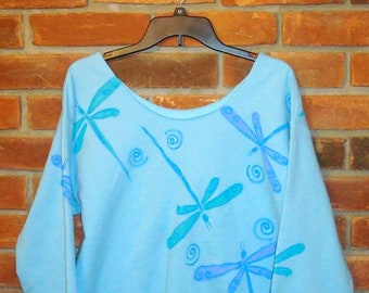 Made to Order Hand Painted Abstract Dragonflies Raw Edge Neckline Sweatshirt Off the Shoulder