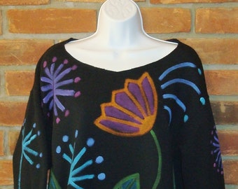 Made to Order Hand Painted Abstract Floral Art Raw Edge Neckline Sweatshirt