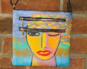 Abstract Art Hand Painted Faux Leather Shoulder Bag Purse Cross Body Purse Handbag