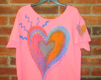 Made to Order Colorful Hand Painted Abstract Heart Art Raw Edge Women's Hot Pink T-shirt Top Shirt