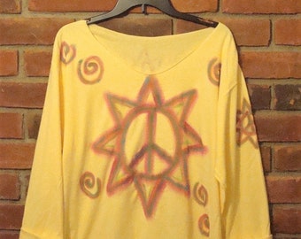 Made to Order Hand Painted Peace Sign Sun Raw Edge T-shirt Funky Abstract Art to Wear