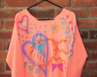 Made to Order Colorful Hand Painted Abstract Heart Raw Edge Long Sleeve T-shirt Top Wearable Art Art to Wear Artistic Clothing Boho Clothing