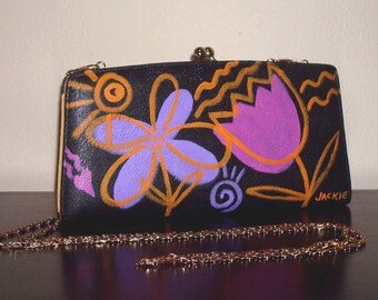 Hand Painted Abstract Flowers Faux Leather Kiss Lock Clutch Bag Purse Chain Strap Shoulder Bag Crossbody Bag