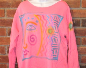 Made to Order Colorful Abstract Sun Face Hand Painted Off the Shoulder Raw Edge Neckline Sweatshirt