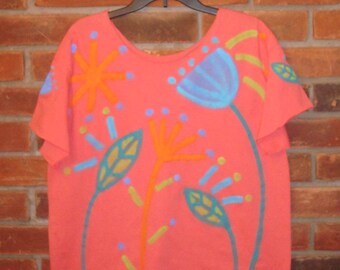 Made to Order Colorful Hand Painted Abstract Flowers Raw Edge Women's Coral T-shirt Top Shirt