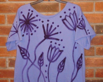 Made to Order Funky Hand Painted Abstract Flowers on Purple Raw Edge Women's T-shirt Top Shirt