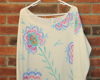 Hand Painted Abstract Floral French Terry Raw Edge Neckline Off the Shoulder Top Size XL One of a Kind