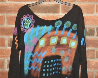 Made to Order Funky Hand Painted Abstract Art to Wear Women's Raw Edge Long Sleeve T-shirt Top Wearable Art