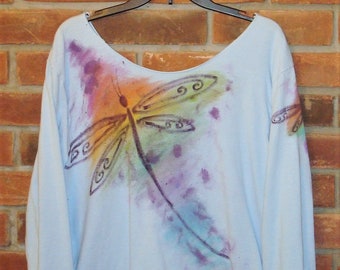 Made to Order Abstract Dragonfly Hand Painted Raw Edge Long Sleeve Women's  Off the Shoulder Tshirt Top Art to Wear Wearable Art Artwear