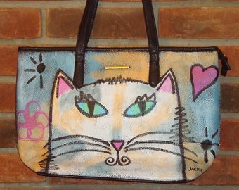 Funky White Cat Hand Painted Original Abstract Art Faux Leather Shoulder Bag Handbag Purse Cat Lovers Gifts for Cat Lovers