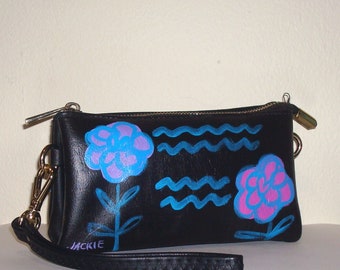 Funky Abstract Flowers Hand Painted Faux Leather Wristlet Clutch Bag Purse Shoulder Bag Crossbody Purse