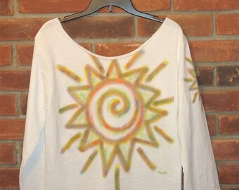 Made to Order Original Abstract Art to Wear Hand Painted Raw Edge Sun Burst Long Sleeve T-shirt Off the Shoulder Top Artistic Clothing Boho